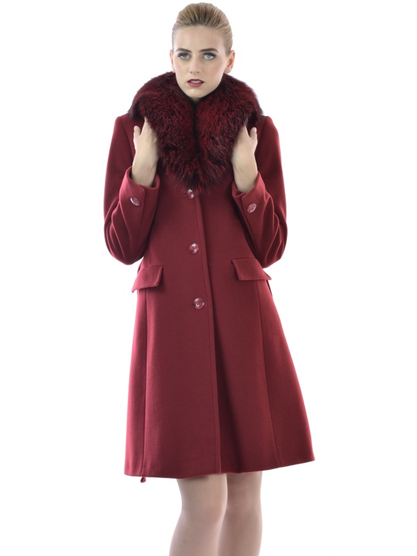 Lady M - Womens coat bordeaux made of wool and cashmere with natural fur on collar - Lady M Marija modna odjeća - Maria Fashion company - Collection Autumn/Winter 2017-18
