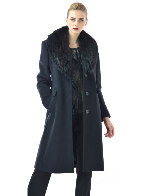 Ženski kaput crni od vune premium kvalitete sa prirodnim krznom na kragni - Lady M Marija modna odjeća Kolekcija Jesen/Zima 2017-18