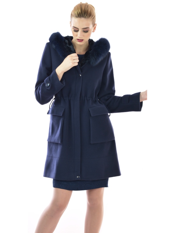 Womens parka modern dark blue coat made of wool and cashmere with natural fur - Lady M Marija modna odjeća - Maria Fashion company - Collection Autumn/Winter 2017-18