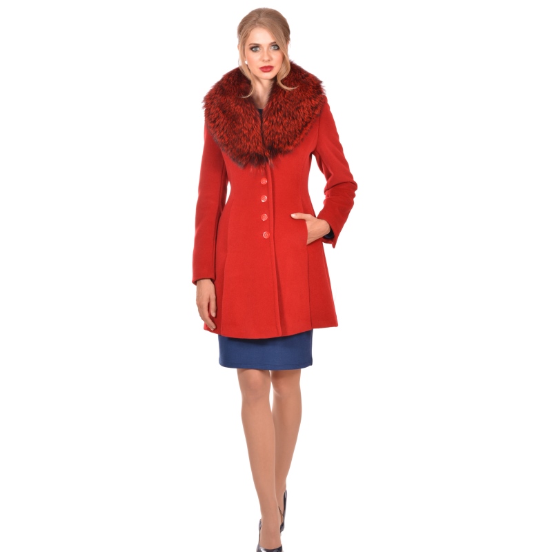 LADY M - Womens coat red with natural fox fur - Maria fashion company - Marija modna odjeca Collection Autumn/Winter 2018-19