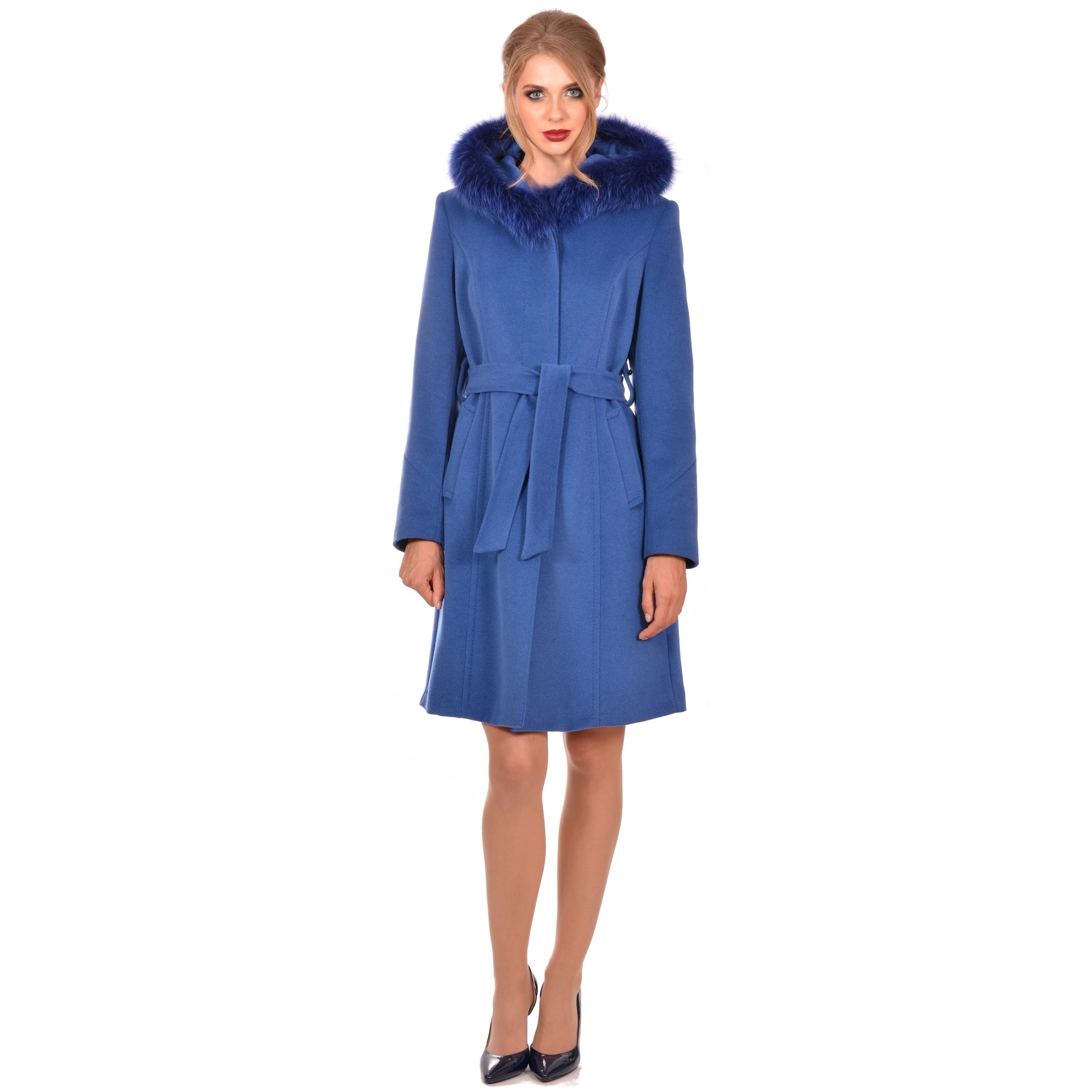 blue wool coat with fur and hood,plavi kaput s kapuljačom lady m