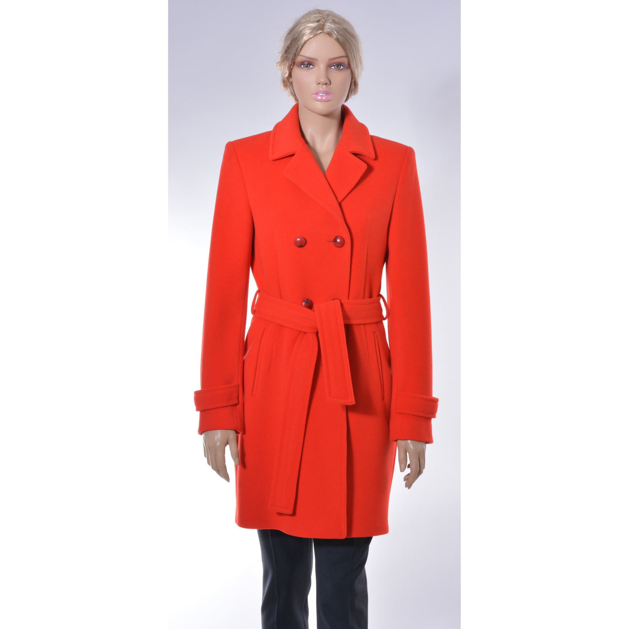 Elegant knee-length coat , red coat, Luxuriant and radiant red coat 